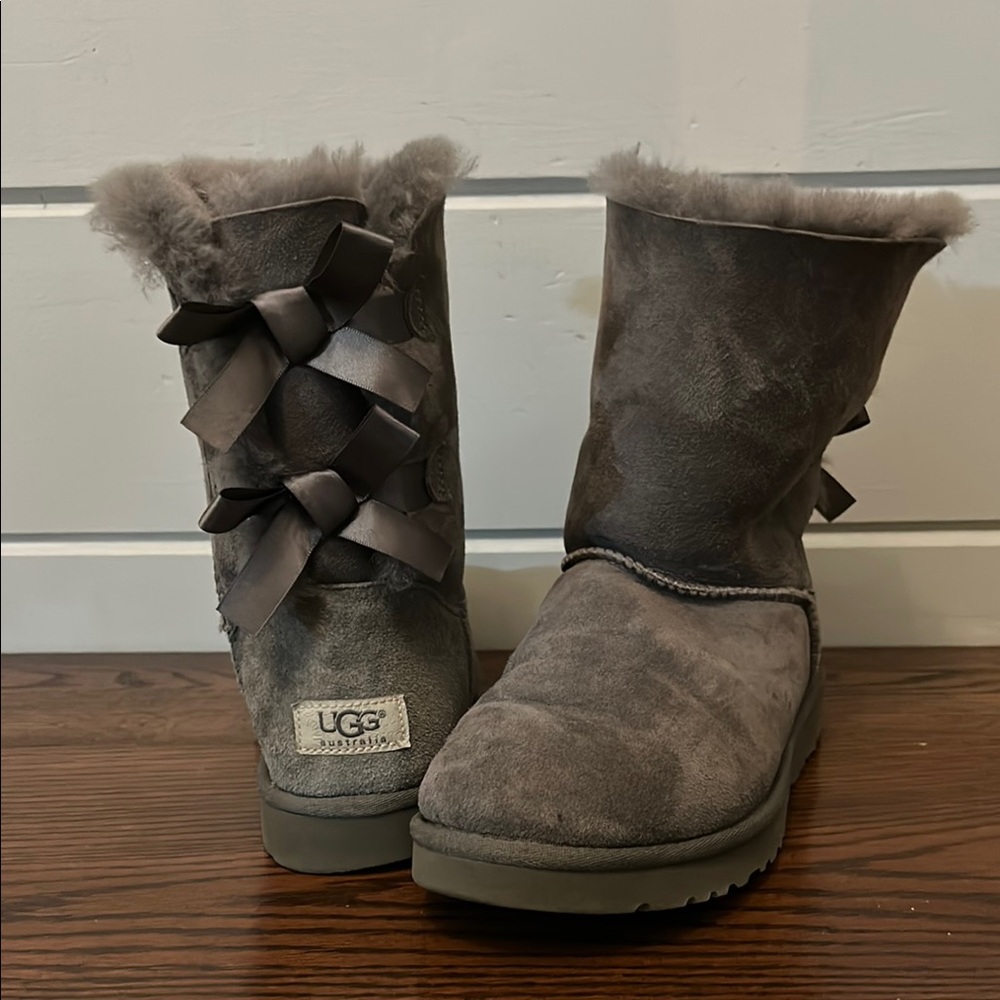 UGG Charcoal Suede Bailey Boots with Satin Bows